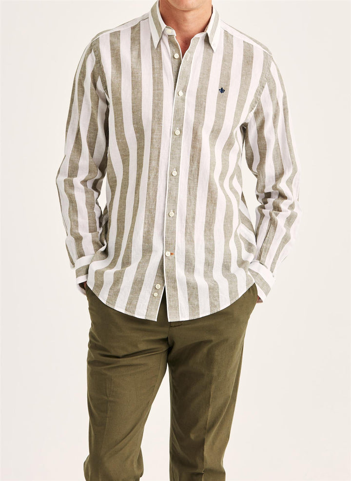 Douglas Linen Mix Stripe Shirt-Classic Fit  Olive