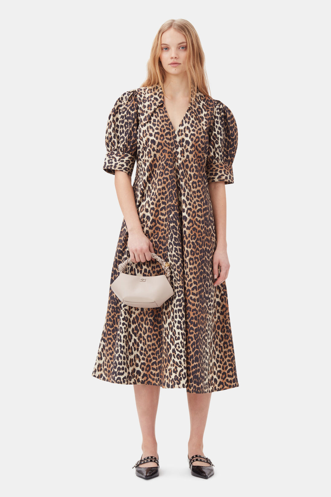 Printed Cotton Poplin V-neck Long Dress  Leopard