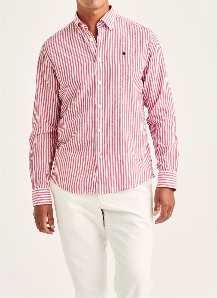 Douglas Linen Stripe Shirt-Classic Fit  Red