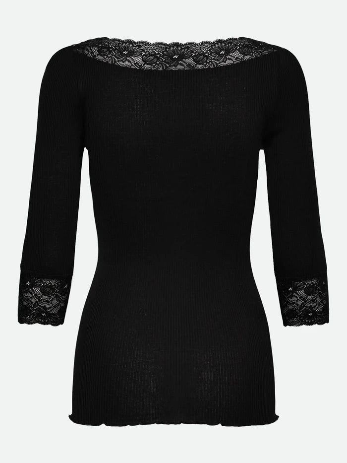 RWBeatha Silk 3/4 Sleeve Boatneck Lace T-shirt  Black