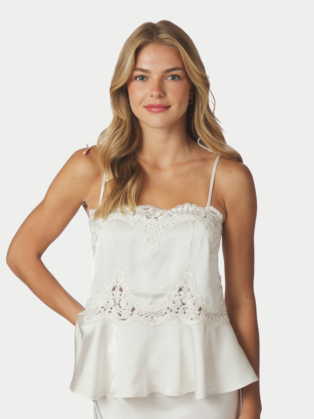 Kaela Heavy Sateen Lace Top  Pearl