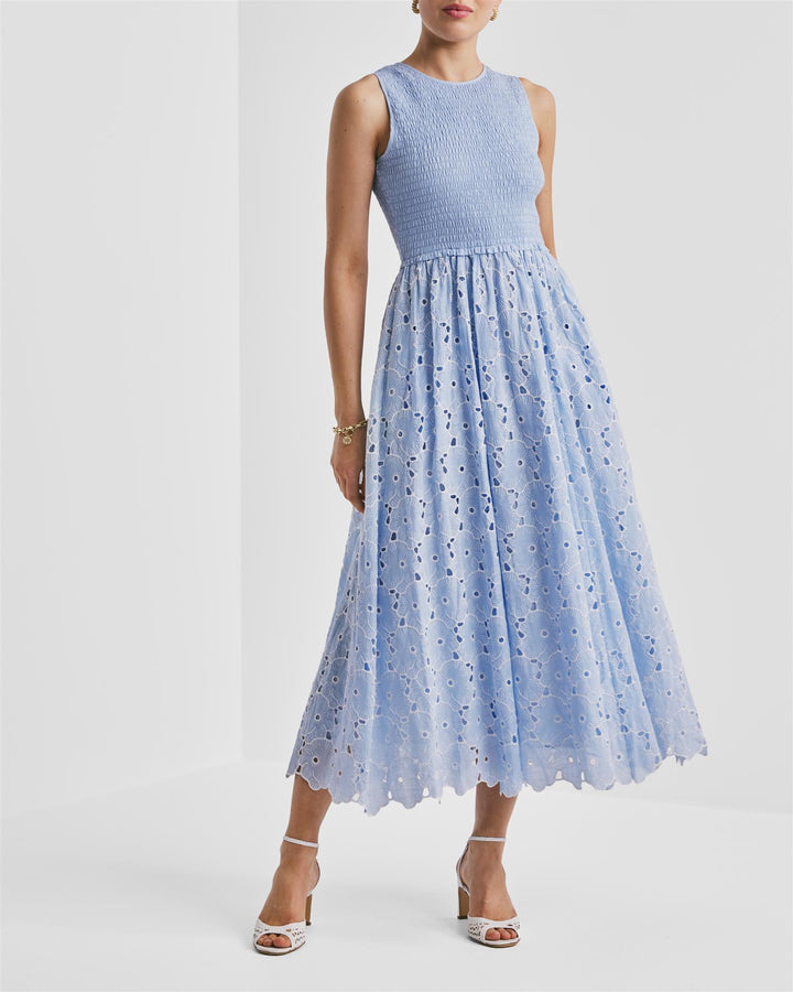Broderie Anglaise Smocking Dress  Light Blue