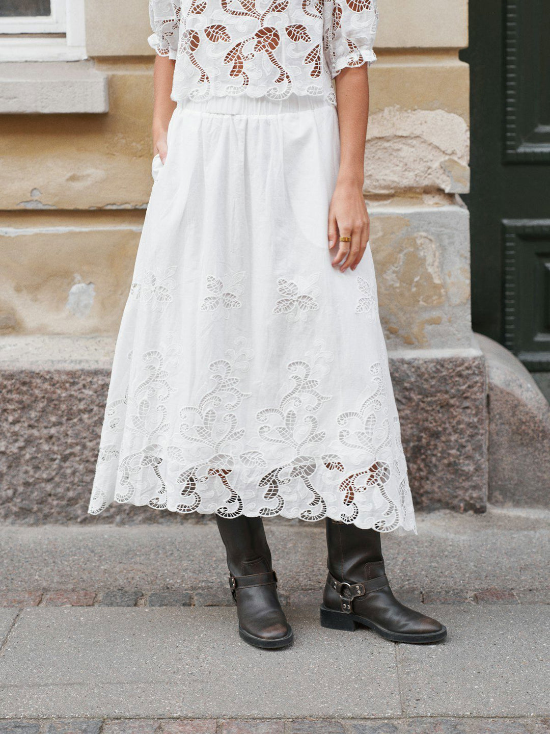 Yara Long Emb Skirt  White