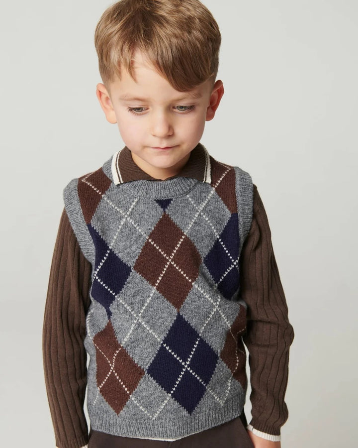 ARGYLE KNITTED VEST  Grey Mel/ Dk Brown/ Navy Comb