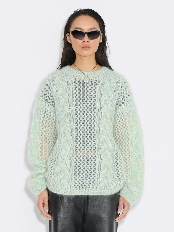 Mohair Cable Knit Crew  Green Mix
