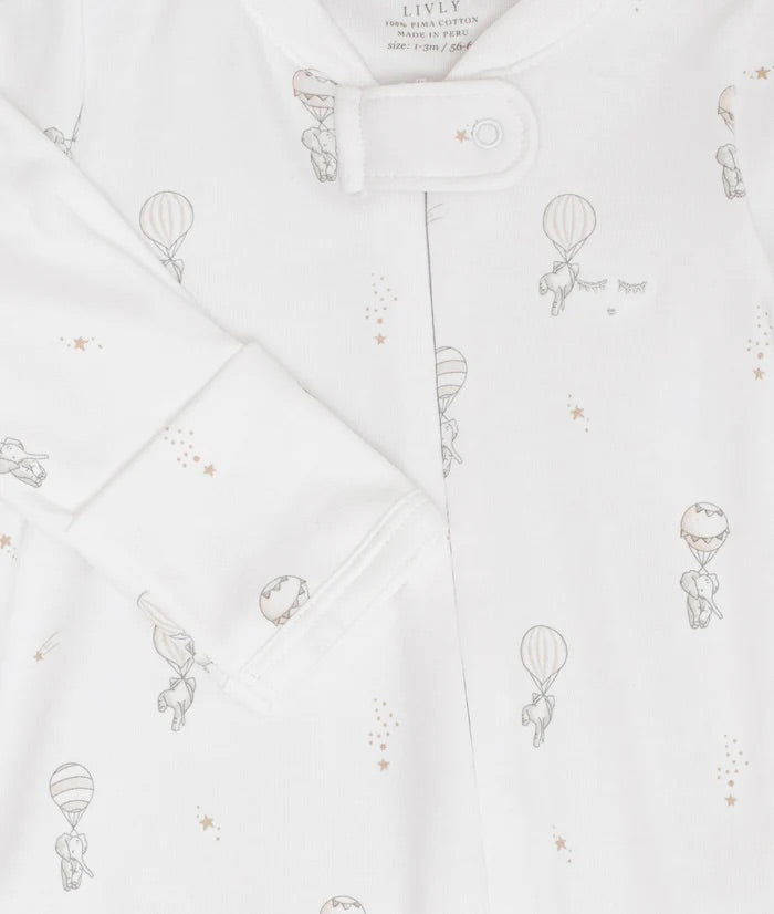 Flying Elephants Zipper Footie  White