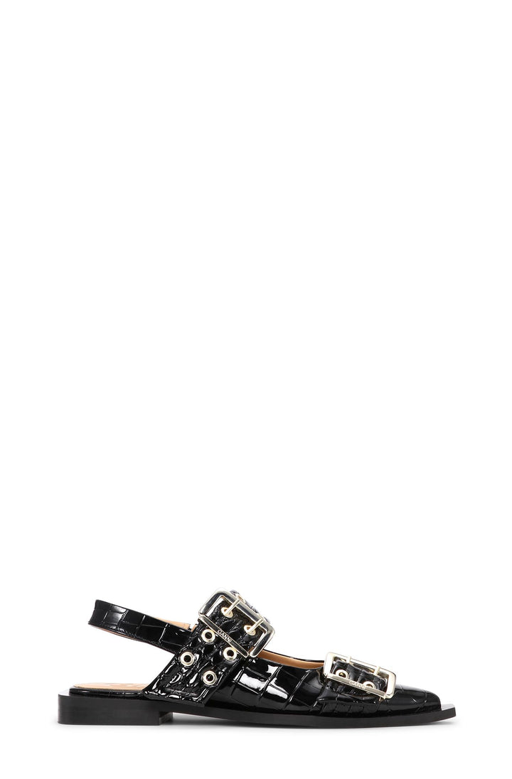 Feminine Buckle Ballerina Patent Croco  Black