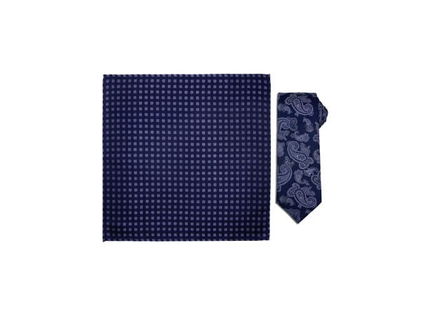 Santi silkeslips+lommetørkle mønstret sett navy  Navy