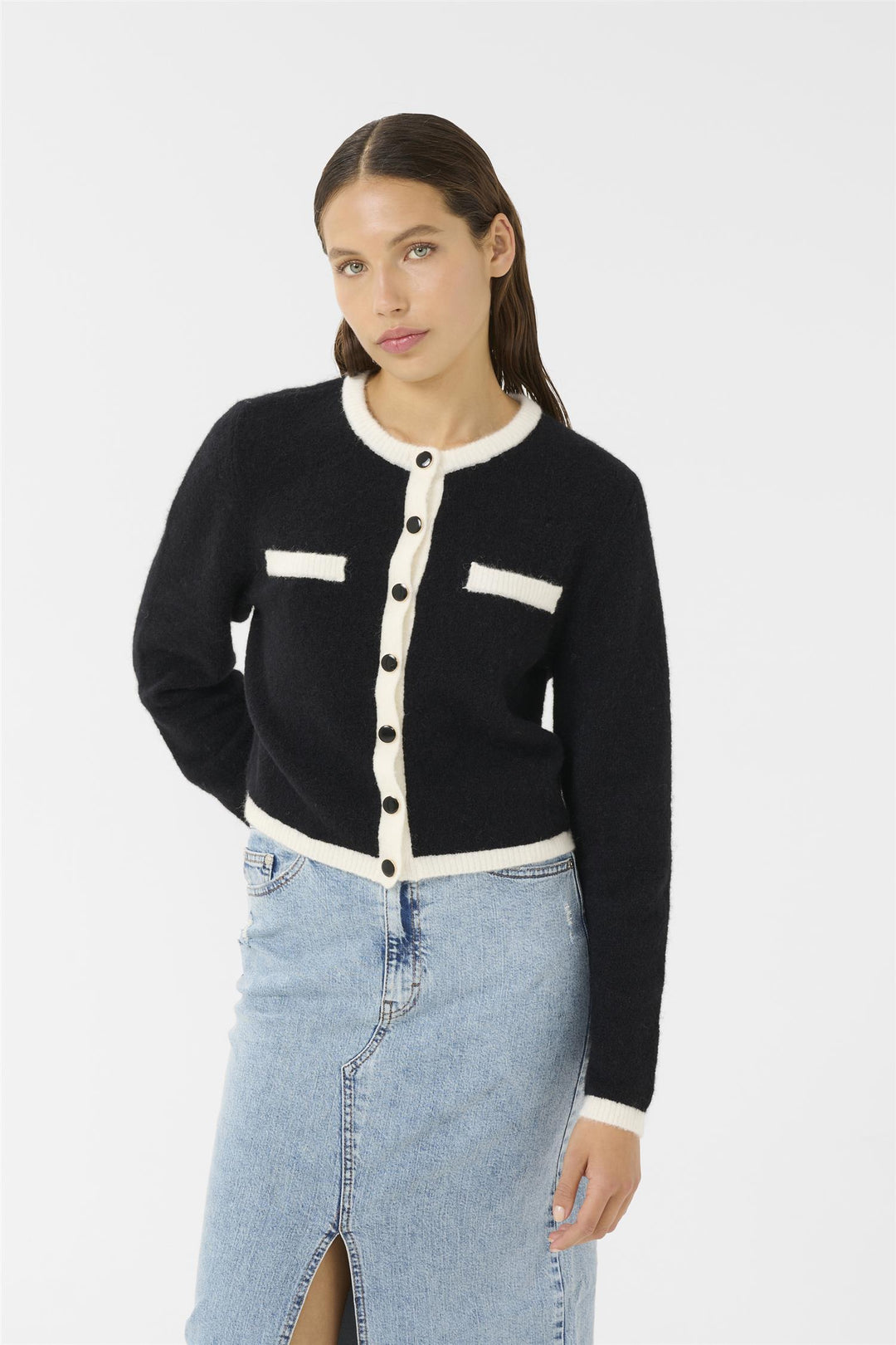 GZALPHA LS CONTRAST CARDIGAN  Ivory/Black Comb