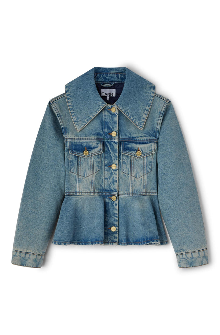 Rigid Denim Padded Peplum Jacket  Mid Blue Vintage