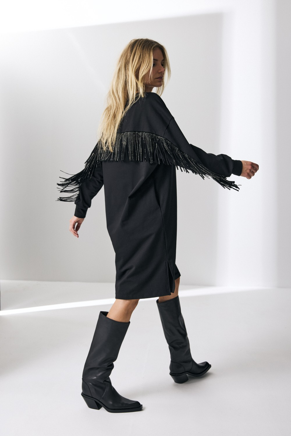 StudCC Fringe Sweat Dress  Black