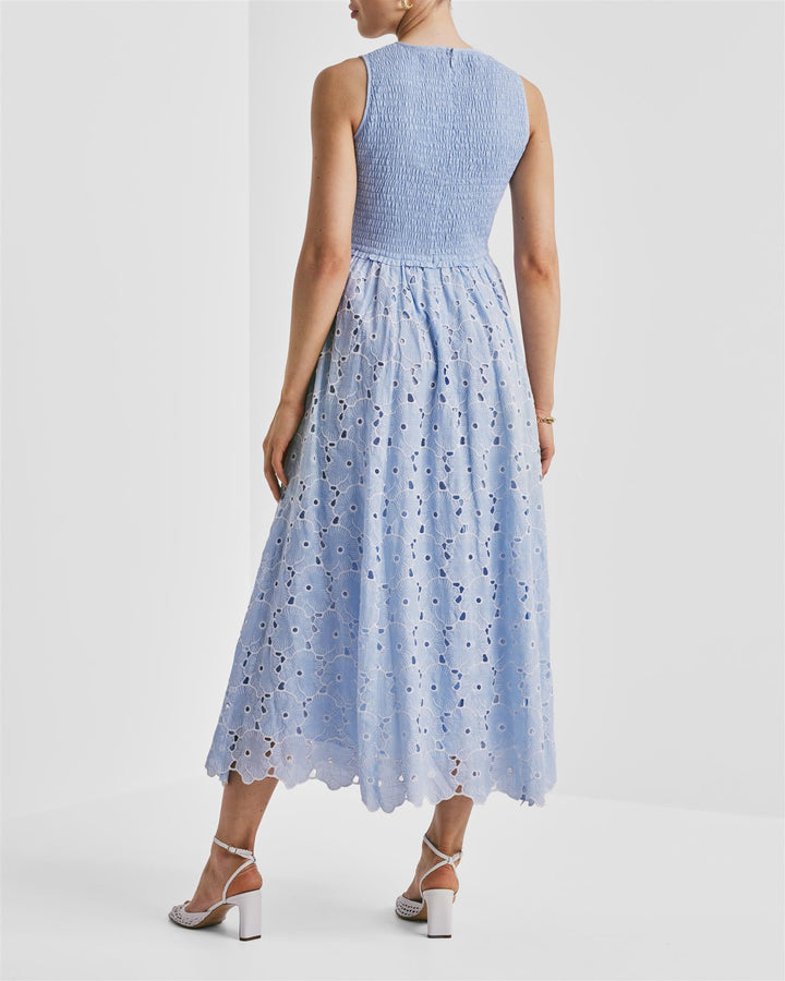 Broderie Anglaise Smocking Dress  Light Blue