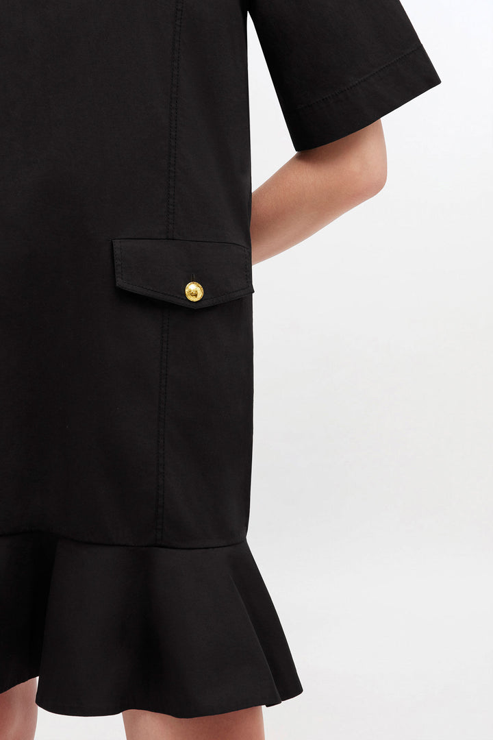 Stretch Cotton Mini Dress w. Frill  Black