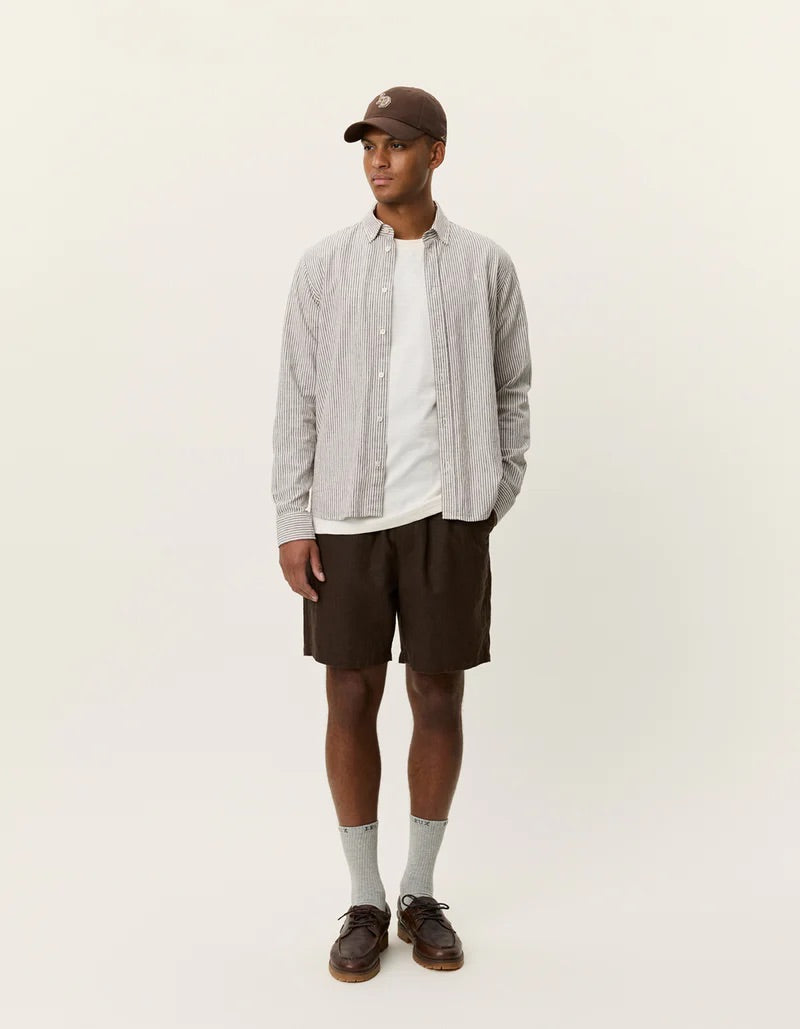 Konrad Stripe Cotton Linen Shirt  Teak Brown