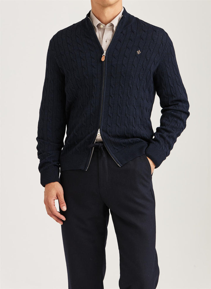 Merino Cable Zip Cardigan  Navy