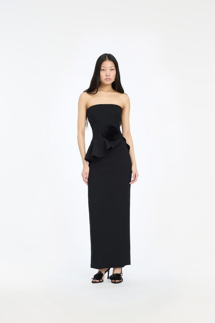 LONG FLOWER STRAPLESS DRESS  Black
