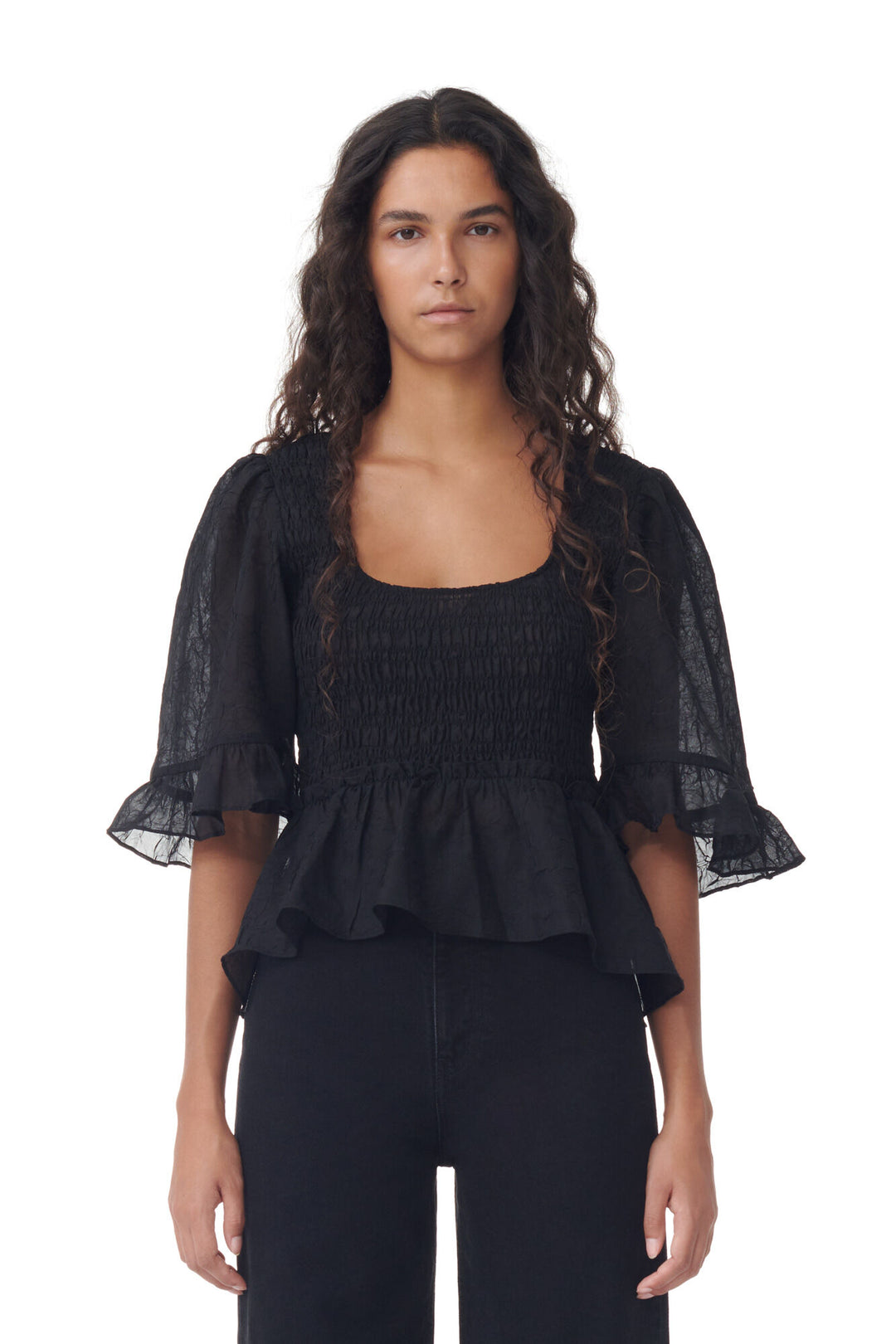 CRINCLED GEORGETTE SMOCK BLOUSE  Black