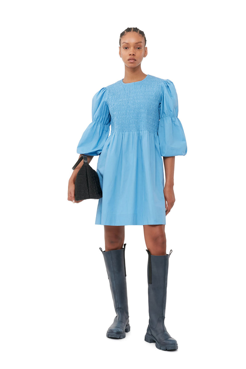 COTTON POPLIN MINI SMOCK DRESS  695 Silver Lake Blue