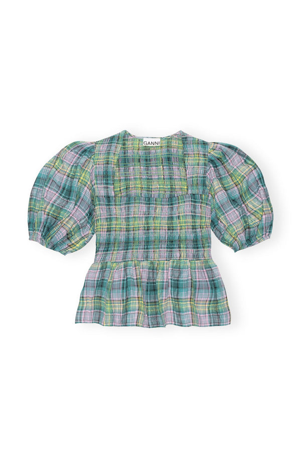 SEERSUCKER CHECK SMOCK BLOUSE  Lagoon