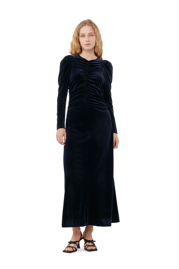 VELVET JERSEY GATHERED LONG DRESS  Total Eclipse