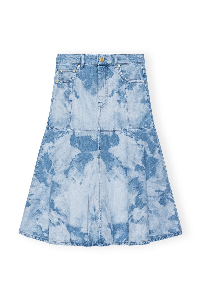 Bleach Denim Flounce Midi Skirt  Light Blue Stone