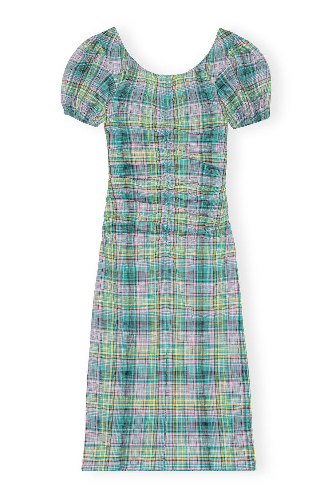 SEERSUCKER CHECK GATHERED MIDI DRESS  Lagoon