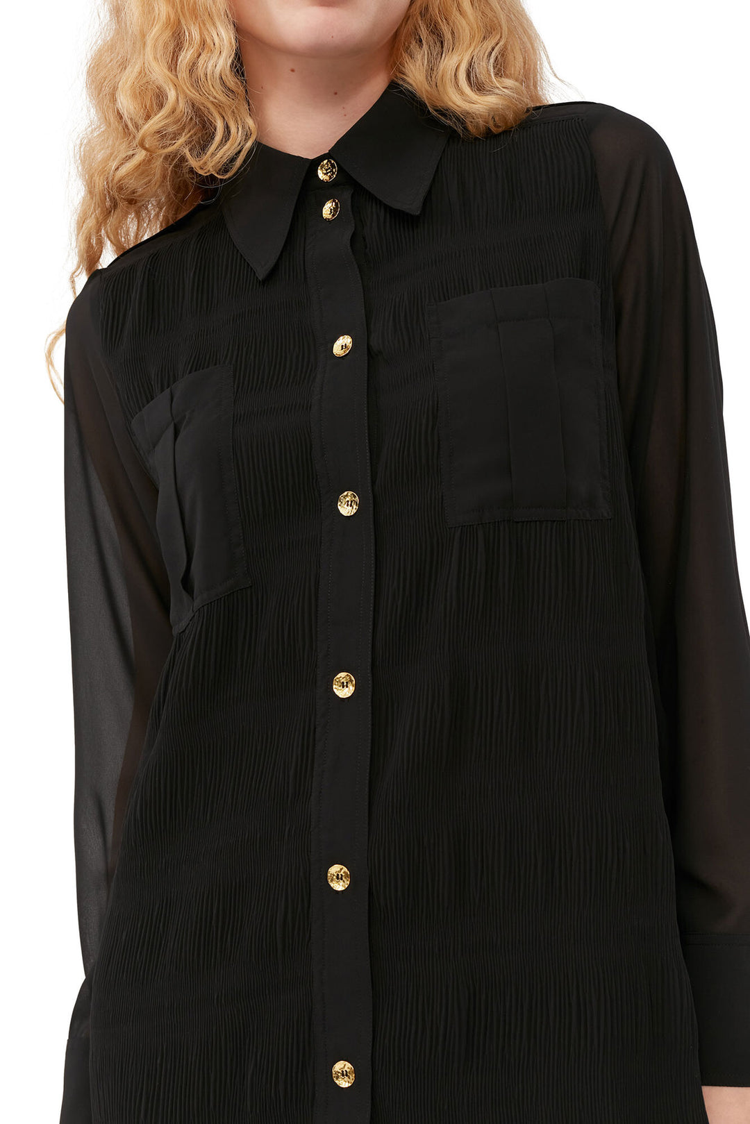 PLEATED GEORGETTE SHIRT DRESS  Black 099