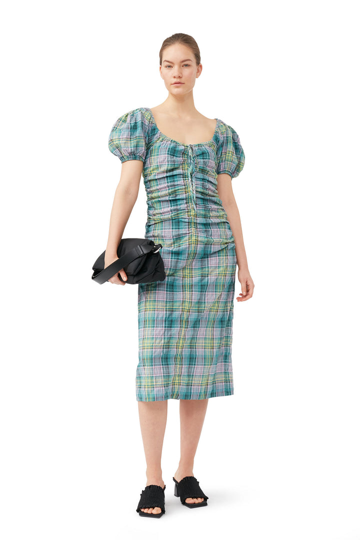 SEERSUCKER CHECK GATHERED MIDI DRESS  Lagoon