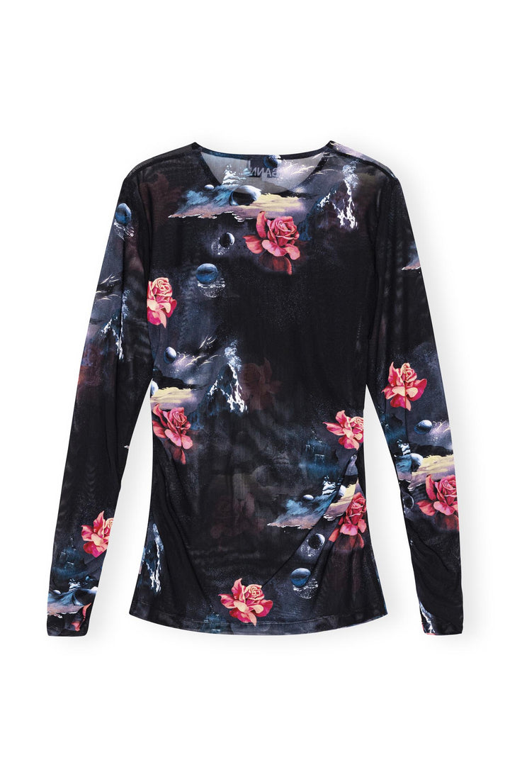 PRINTED MESH LONG SLEEVE GATHERED BLOUSE  Black