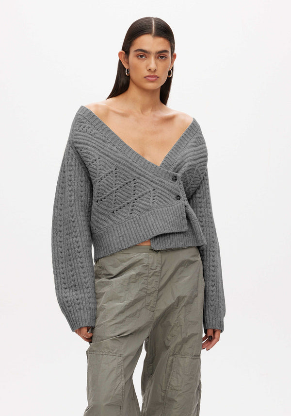 KNITTED CABLE PATCHWORK CARDIGAN  Grey Melange