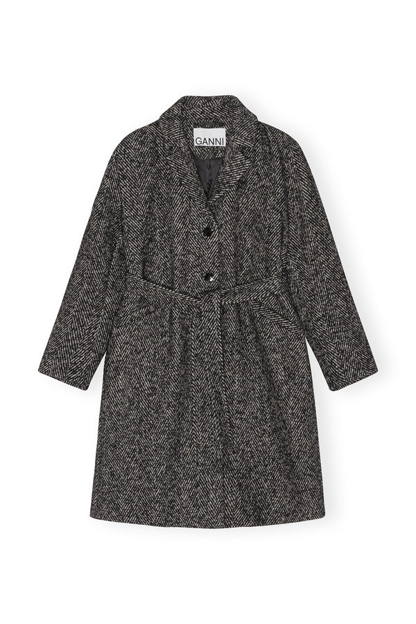 HERRINGBONE WOOL BELT COAT  Black
