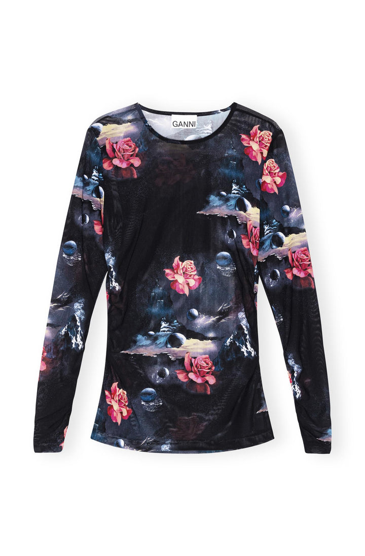 PRINTED MESH LONG SLEEVE GATHERED BLOUSE  Black