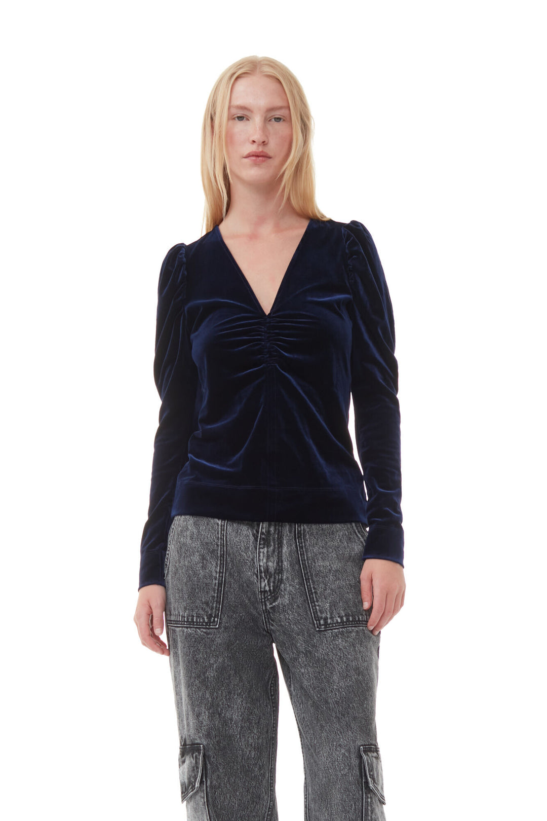 VELVET JERSEY V-NECK BLOUSE  Total Eclipse