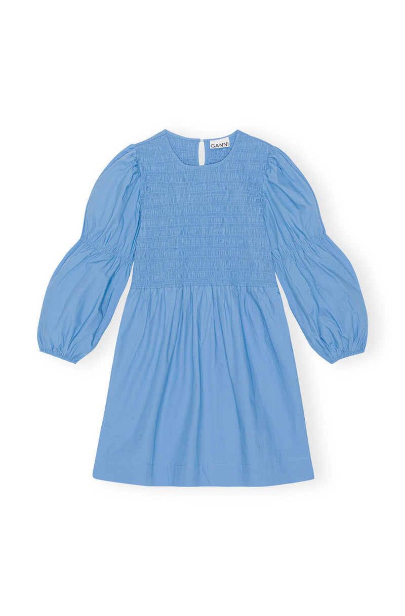 COTTON POPLIN MINI SMOCK DRESS  695 Silver Lake Blue
