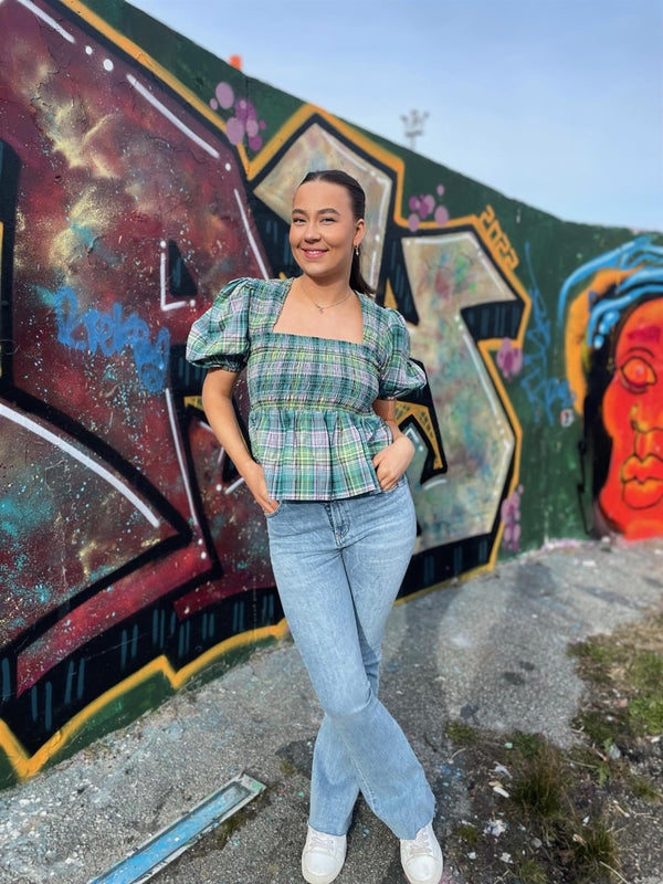 SEERSUCKER CHECK SMOCK BLOUSE  Lagoon