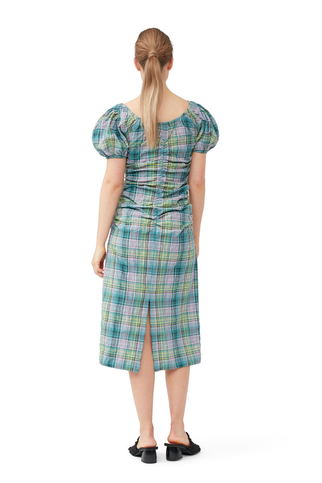 SEERSUCKER CHECK GATHERED MIDI DRESS  Lagoon